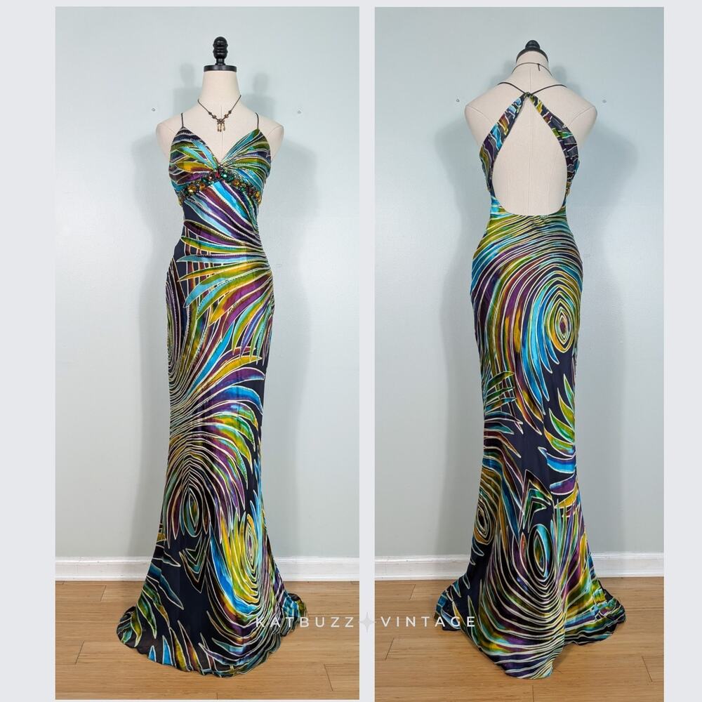 Vintage Cache Prom Dress Maxi Gown 4 Multi Silk Y2K Glam Guest Evening Formal